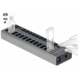 DELOCK hub 13x USB με διακόπτες 63977, USB 3.0, 5Gbps, 5A, LED, γκρι | Συνοδευτικά PC | elabstore.gr