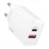 USAMS φορτιστής τοίχου US-CC121, 1x USB, 1x type-C, 20W 3A, λευκός | Αξεσουάρ κινητών | elabstore.gr