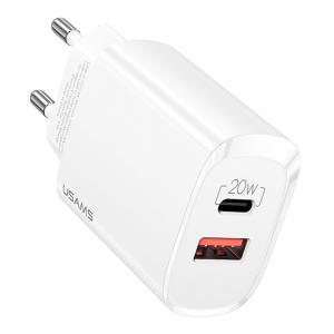 USAMS φορτιστής τοίχου US-CC121, 1x USB, 1x type-C, 20W 3A, λευκός | Αξεσουάρ κινητών | elabstore.gr