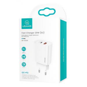 USAMS φορτιστής τοίχου US-CC121, 1x USB, 1x type-C, 20W 3A, λευκός | Αξεσουάρ κινητών | elabstore.gr