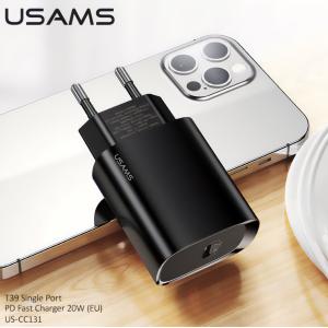 USAMS φορτιστής τοίχου US-CC131, 1x type-C, PD3.0 20W 3A, μαύρος | Αξεσουάρ κινητών | elabstore.gr