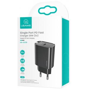 USAMS φορτιστής τοίχου US-CC131, 1x type-C, PD3.0 20W 3A, μαύρος | Αξεσουάρ κινητών | elabstore.gr