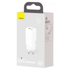 BASEUS φορτιστής τοίχου CCGAN2L-B02, 1x USB, 1x USB Type-C, 65W, λευκός | Αξεσουάρ κινητών | elabstore.gr
