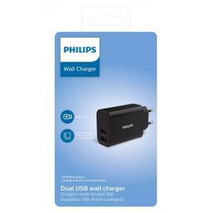 PHILIPS φορτιστής τοίχου DLP2620-12, 2x USB, 17W, μαύρος | Αξεσουάρ κινητών | elabstore.gr