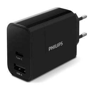 PHILIPS φορτιστής τοίχου DLP2621-12, USB & Type-C, 30W, μαύρος | Αξεσουάρ κινητών | elabstore.gr