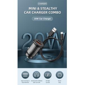 AWEI φορτιστής αυτοκινήτου με καλώδιο USB C-706, USB+Type-C, 20W, μαύρος | Αξεσουάρ κινητών | elabstore.gr
