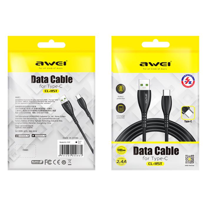 AWEI καλώδιο USB σε Type-C CL-115T, 2.4A, 1m, μαύρο | eLabstore.gr AWEI καλώδιο USB σε Type-C CL-115T, 2.4A, 1m, μαύρο | Αξεσουάρ κινητών | elabstore.gr
