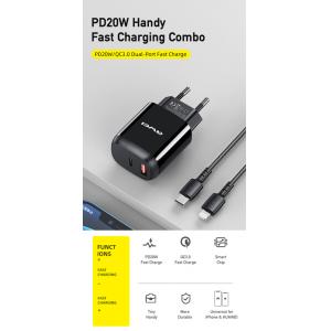 AWEI φορτιστής τοίχου με καλώδιο PD2, USB + Type-C, 20W, μαύρος | Αξεσουάρ κινητών | elabstore.gr