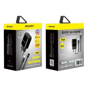 AWEI φορτιστής τοίχου με καλώδιο PD2, USB + Type-C, 20W, μαύρος | Αξεσουάρ κινητών | elabstore.gr
