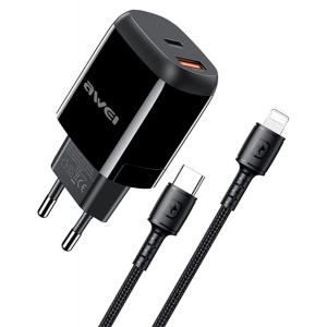 AWEI φορτιστής τοίχου με καλώδιο PD2, USB + Type-C, 20W, μαύρος | Αξεσουάρ κινητών | elabstore.gr
