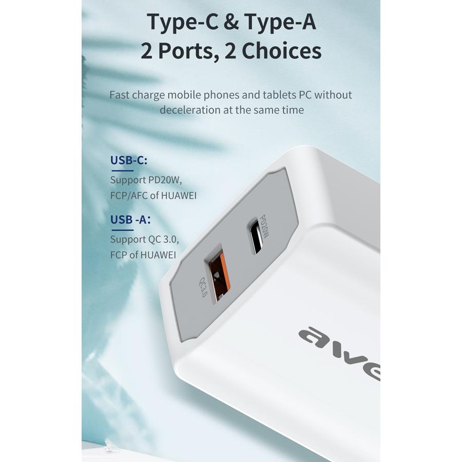 AWEI φορτιστής τοίχου με καλώδιο PD4, USB & Type-C, 20W, λευκός | eLabstore.gr AWEI φορτιστής τοίχου με καλώδιο PD4, USB & Type-C, 20W, λευκός | Αξεσουάρ κινητών | elabstore.gr