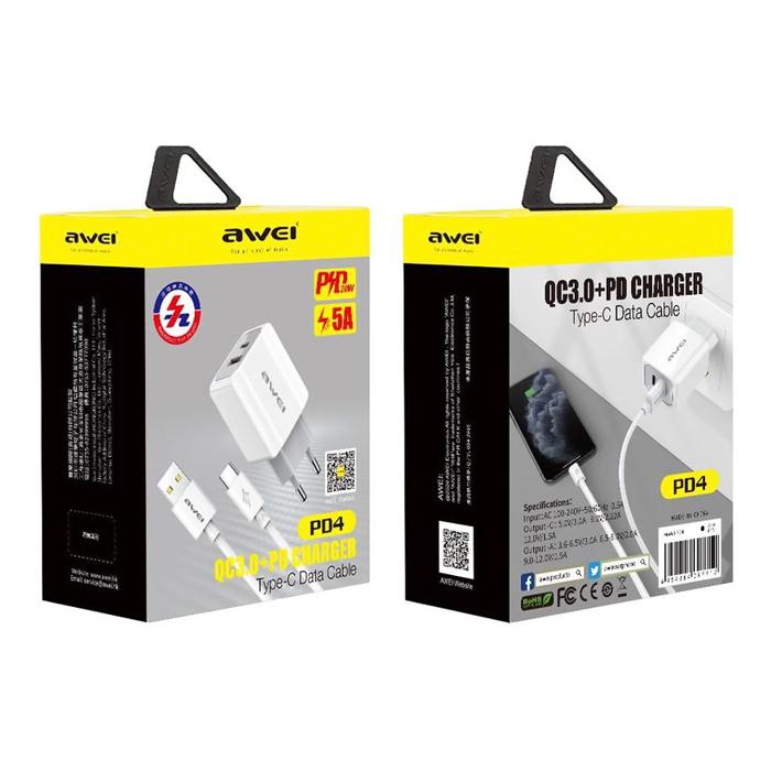 AWEI φορτιστής τοίχου με καλώδιο PD4, USB & Type-C, 20W, λευκός | eLabstore.gr AWEI φορτιστής τοίχου με καλώδιο PD4, USB & Type-C, 20W, λευκός | Αξεσουάρ κινητών | elabstore.gr