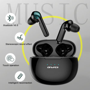 AWEI earphones με θήκη φόρτισης T15, True Wireless, μαύρα | Αξεσουάρ κινητών | elabstore.gr