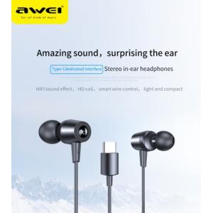 AWEI earphones με μικρόφωνο TC-1, Type-C, 1.2m, μαύρα | Αξεσουάρ κινητών | elabstore.gr