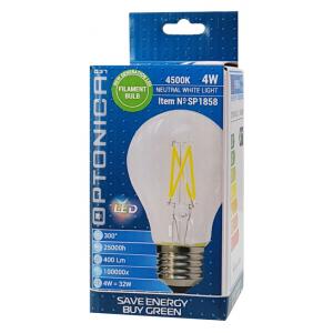 OPTONICA LED Λάμπα A60 Filament 1858, 4W, 4500K, E27, 400LM | Φωτισμός | elabstore.gr