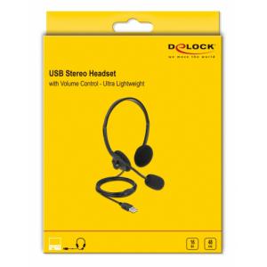 DELOCK headphones με μικρόφωνο 27178, stereo, USB, volume control, μαύρα | Συνοδευτικά PC | elabstore.gr