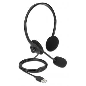 DELOCK headphones με μικρόφωνο 27178, stereo, USB, volume control, μαύρα | Συνοδευτικά PC | elabstore.gr