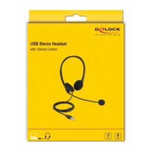 DELOCK headphones με μικρόφωνο 27179, stereo, USB, volume control, μαύρα | Συνοδευτικά PC | elabstore.gr
