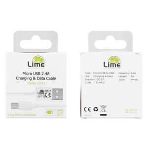 Καλώδιο Micro USB Devices Long USB 2.4A Φόρτισης - Data 2m LUM02 Λευκό Lime | Περιφερειακά | elabstore.gr