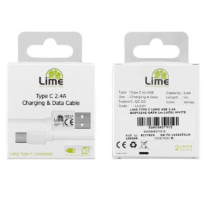 Καλώδιο Type C Long σε USB 2.4A Φόρτισης - Data 1m Λευκό LUC01 Lime | Περιφερειακά | elabstore.gr