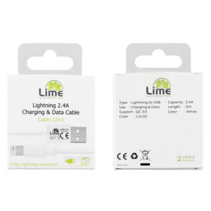Καλώδιο Lightning Long USB 2.4A Φόρτισης - Data 2m Λευκό LULO2 Lime | Περιφερειακά | elabstore.gr