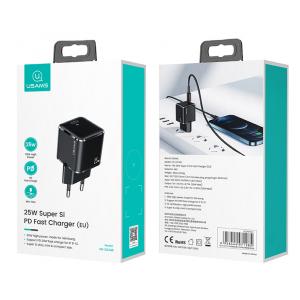 USAMS φορτιστής τοίχου T42, USB Τype-C, Super Si, PD QC 3.0, 25W, μαύρος | Αξεσουάρ κινητών | elabstore.gr