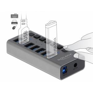 DELOCK hub 7x USB με διακόπτες 63669, USB 3.0, 5Gbps, LED, γκρι | Συνοδευτικά PC | elabstore.gr
