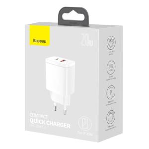 BASEUS φορτιστής τοίχου CCXJ-B02, USB & USB Type-C, QC3.0 20W, λευκός | Αξεσουάρ κινητών | elabstore.gr