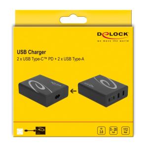 DELOCK USB σταθμός φόρτισης 41440 112W, 2x USB Type-C PD, 2x USB, μαύρος | Αξεσουάρ κινητών | elabstore.gr