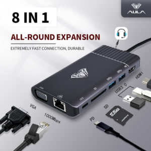 AULA docking station OT-95117, 2x USB/HDMI/VGA/RJ45/Type-C PD/SD, γκρι | Συνοδευτικά PC | elabstore.gr