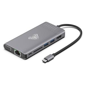 AULA docking station OT-95117, 2x USB/HDMI/VGA/RJ45/Type-C PD/SD, γκρι | Συνοδευτικά PC | elabstore.gr