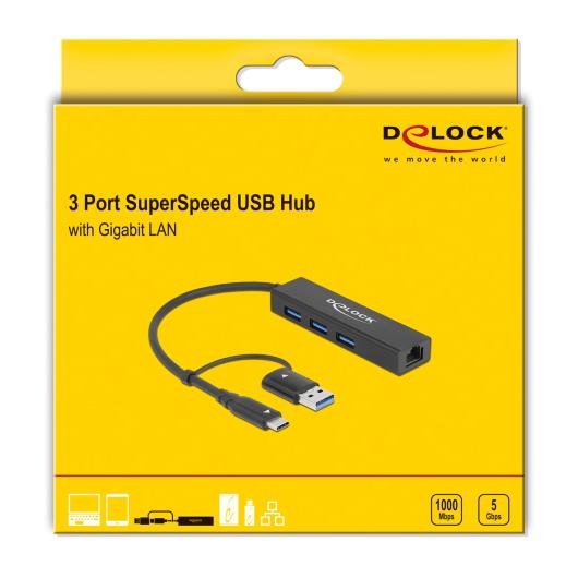 DELOCK USB hub 64149 3x USB 3.2 Gen 1/Gigabit LAN 1000Mbps, 5Gbps, μαύρο | eLabstore.gr DELOCK USB hub 64149 3x USB 3.2 Gen 1/Gigabit LAN 1000Mbps, 5Gbps, μαύρο | Συνοδευτικά PC | elabstore.gr