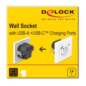 DELOCK πρίζα τοίχου 11489 με θύρες φόρτισης USB & USB Type-C 3.4A, λεύκη | Εργαλεία | elabstore.gr