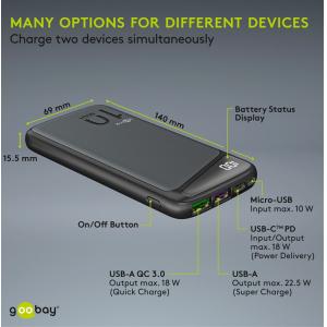GOOBAY power bank 53935, 10000mAh, 2x USB & Type-C, QC PD, 22.5W, μαύρο | Αξεσουάρ κινητών | elabstore.gr