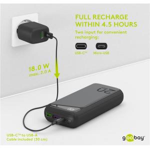 GOOBAY power bank 53939, 20000mAh, 2x USB & Type-C, QC PD, 22.5W, μαύρο | Αξεσουάρ κινητών | elabstore.gr