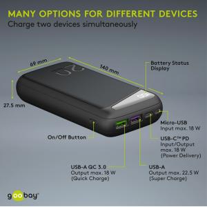 GOOBAY power bank 53939, 20000mAh, 2x USB & Type-C, QC PD, 22.5W, μαύρο | Αξεσουάρ κινητών | elabstore.gr