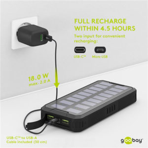 GOOBAY power bank με φακό 53934, ηλιακό, 20000mAh, 3x output, 18W, μαύρο | Αξεσουάρ κινητών | elabstore.gr