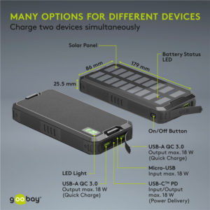 GOOBAY power bank με φακό 53934, ηλιακό, 20000mAh, 3x output, 18W, μαύρο | Αξεσουάρ κινητών | elabstore.gr