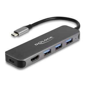 DELOCK USB-C hub 64170, 3x USB 5Gbps, HDMI 4K, USB-C PD 85W, γκρι | Συνοδευτικά PC | elabstore.gr