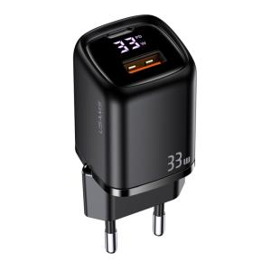USAMS φορτιστής τοίχου CC152 με οθόνη, USB-C & USB, PD & QC, 33W, μαύρος | Αξεσουάρ κινητών | elabstore.gr