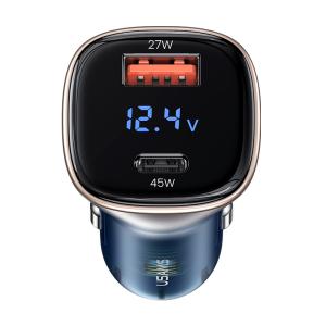 USAMS φορτιστής αυτοκινήτου CC155 με οθόνη, USB & USB-C, 72W, μπλε | Αξεσουάρ κινητών | elabstore.gr