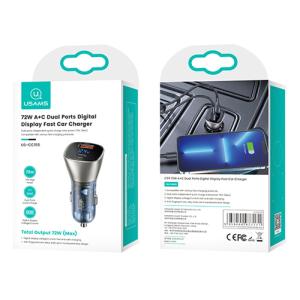 USAMS φορτιστής αυτοκινήτου CC155 με οθόνη, USB & USB-C, 72W, μπλε | Αξεσουάρ κινητών | elabstore.gr