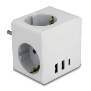 DELOCK αντάπτορας ρεύματος 11496, 3x schuko, USB-C & 2x USB, 16A, λευκός | Τροφοδοσία Ρεύματος | elabstore.gr