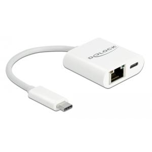 DELOCK αντάπτορας USB-C σε RJ45 + USB-C 65402, 1000Mbps, 12cm, λευκός | Δικτυακά | elabstore.gr