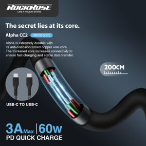 ROCKROSE καλώδιο USB-C Alpha CC2, 3A 60W, 2m, μαύρο | Αξεσουάρ κινητών | elabstore.gr