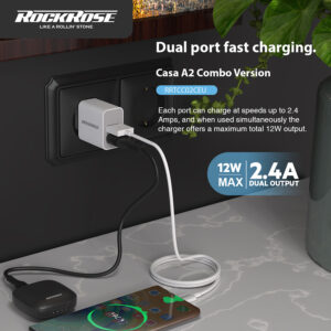 ROCKROSE φορτιστής τοίχου RRTCC02CEU, καλώδιο USB-C, 2x USB 12W, λευκός | Αξεσουάρ κινητών | elabstore.gr