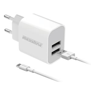 ROCKROSE φορτιστής τοίχου RRTCC02CEU, καλώδιο USB-C, 2x USB 12W, λευκός | Αξεσουάρ κινητών | elabstore.gr