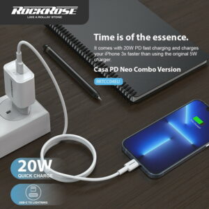 ROCKROSE φορτιστής τοίχου RRTCC04EU, καλώδιο Lightning, USB-C 20W, λευκό | Αξεσουάρ κινητών | elabstore.gr