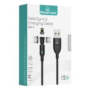POWERTECH καλώδιο USB σε 3in1 magnet PTR-0103, μαγνητικό, 15W, 1m, μαύρο | Αξεσουάρ κινητών | elabstore.gr