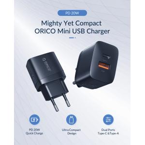 ORICO φορτιστής τοίχου PV20-1U1C, USB & USB-C, PD QC 3.0, 20W, μαύρος | Αξεσουάρ κινητών | elabstore.gr